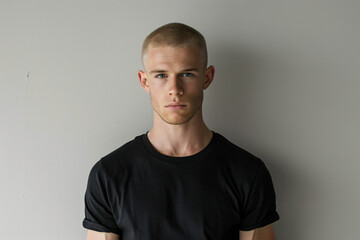 Strobe-Lit Studio Portrait of Muscular 25-Year-Old Man with Buzz Cut Wearing Black T-Shirt