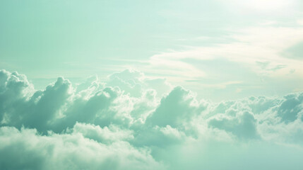 Naklejka na ściany i meble Soft, fluffy clouds, ethereal sky, tranquil scenery, light aqua tones, dreamy cloudscape, peaceful background, serene nature, heavenly view, airy texture, wide panorama.