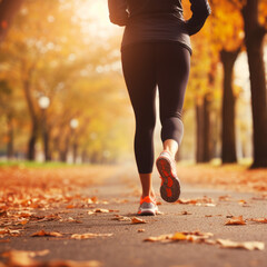 Morning jog, woman running on autumn leaf-covered path, fitness in fall park, runner's legs close up, healthy lifestyle.