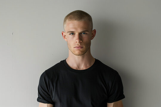 Strobe-Lit Studio Portrait of Muscular 25-Year-Old Man with Buzz Cut Wearing Black T-Shirt