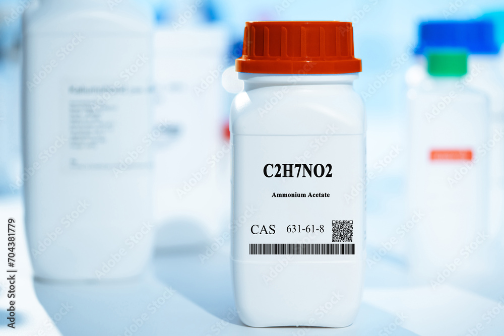 Sticker C2H7NO2 ammonium acetate CAS 631-61-8 chemical substance in white plastic laboratory packaging