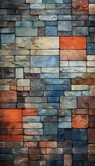 A close-up of a textured brick wall with a mix of warm and cool tones, creating a dynamic and visually appealing background for design.