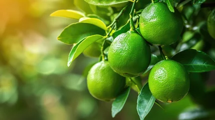 Zelfklevend Fotobehang limes tree in the garden are excellent source of vitamin C. Green organic lime citrus fruit hanging on tree  © buraratn