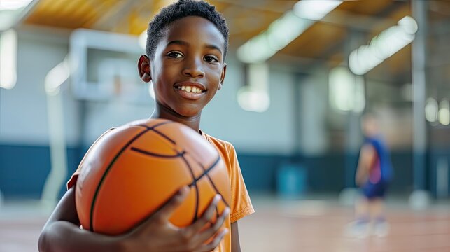 Junior level basketball player bouncing basketball. Young basketball player with classic ball. Basketball training session for youth. School sports class
