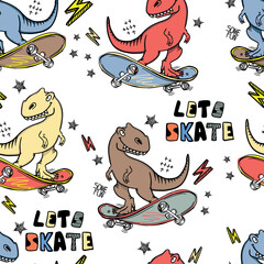 Pastel cool seamless pattern with dinosaur on a skateboard. graffiti background with t rex.For textile, kids wear, fabric and more  © SokolArtStudio