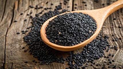 Heap of black Sesame seeds in wooden spoon on old wooden background.Top view. 
