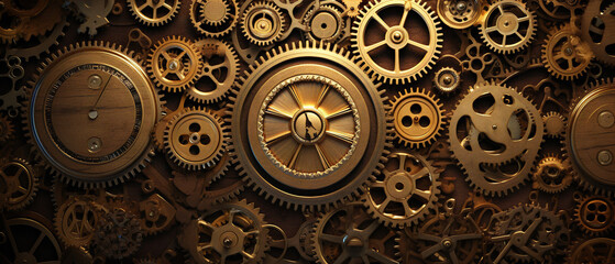 Fototapeta na wymiar Victorian-inspired steampunk background featuring intricate gears and mechanical elements, evoking an industrial retro-futuristic aesthetic.