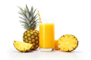 Beautiful fruit drink glass with pineapple juice and slices pineapple isolated - obrazy, fototapety, plakaty