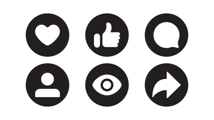 Like, love, comment, and share icon vector on square button black and white. Social media elements - obrazy, fototapety, plakaty