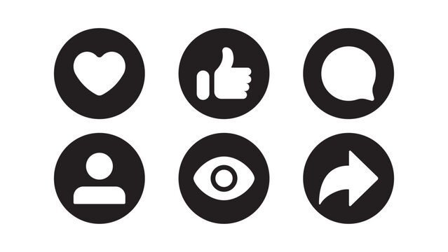 Like, love, comment, and share icon vector on square button black and white. Social media elements