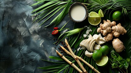 Thai Tom Kha Gai Ingredients on Palm Leaf

