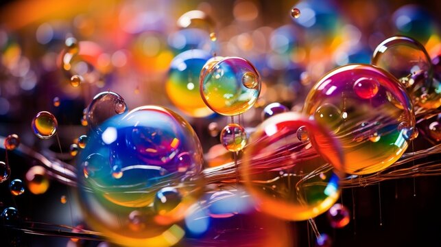 A cluster of soap bubbles reflecting a spectrum of colors, each bubble varying in size and creating a mesmerizing and ephemeral display.