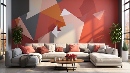 Modern living room interior with large windows and abstract painting on the wall