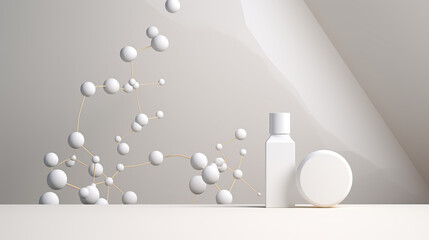 molecule on a white wall with a display podium mockup background for a cosmetic product stand, 3d rendering