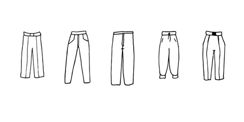 Different models of trousers. Black and white outline Vector illustration in doodle style. Fashion, clothing store, casual clothes. Men's and women's clothing.