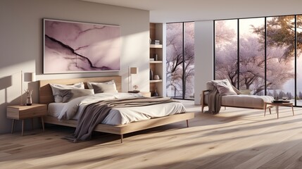 Modern bedroom interior design with large windows and a view of cherry blossom trees