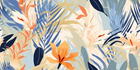 vibrant tropical flowers and leaves seamless pattern - obrazy, fototapety, plakaty