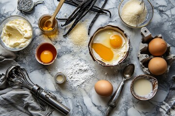 Fototapeta na wymiar French Patisserie Crème Brûlée Ingredients on Marble