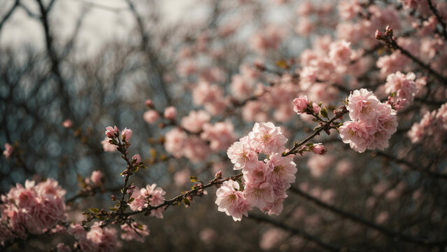 a photo that captures the subtle signs of spring, such as buds on trees, emerging leaves, or a gentle breeze rustling through blossoming branches