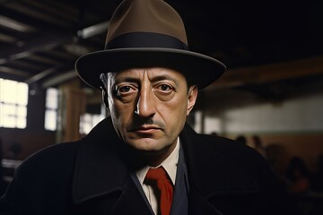 Cinematic Closeup Portrait of Italian Chicago Mobster in Hat. Organized crime and mafia
