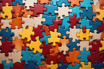 Nice red, yellow, blue, white puzzle pieces joined together without forming a figure. Design, pattern, texture, child's game. Generated AI