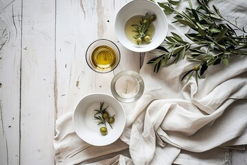Minimalist Kitchen Setting with Ceramic Bowls and Wine


