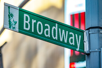 A sign indicating the famous Broadway street which is part of a district of Manhattan, in the Big Apple of New York (USA).