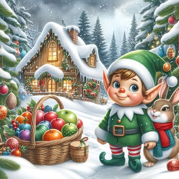 Background picture smiling CHRISTMAS Elf, and Easter Bunny