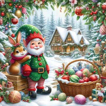 Background picture smiling CHRISTMAS Elf, and Easter Bunny