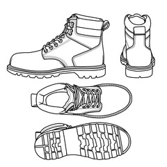 Vector Illustration Men's High hiking Boot hand drawn collection, boots doodle vector sketch illustration, various view, suitable for your leather casual Boot, isolated on white background - obrazy, fototapety, plakaty