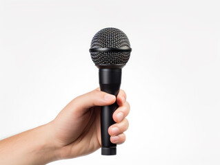 Hand holding microphone interview doing business isolated on white background