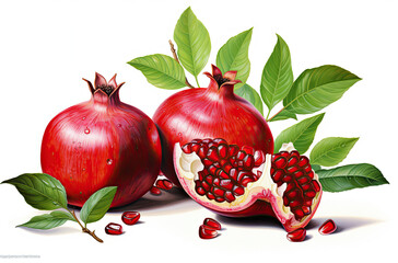 Painting of Pomegranates With Leaves on a White Background