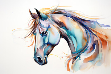Beautiful watercolor painting of a horse head on a white background. Mammals, Wildlife Animals. Illustration, Generative AI. - obrazy, fototapety, plakaty