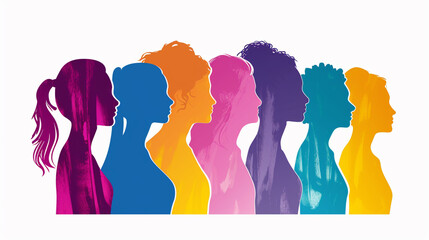 International World Women's Day bokeh background, 8 March International Women's Day silhouette background,  Multicultural female friends - obrazy, fototapety, plakaty