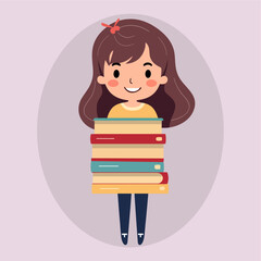 Girl Holding Stack of Books Vector Flat Cartoon Illustration
