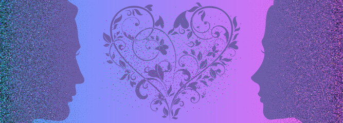 Valentine's day greeting banner. Holiday card with falling colorful confetti, branch and floral wicker wreath heart, silhouette man and woman. Festive vector template on pink, blue background. EPS 10