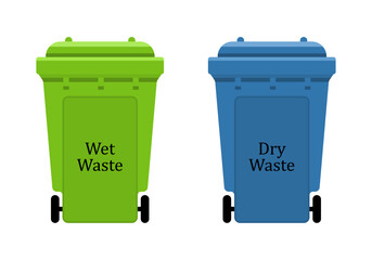 Dustbin symbol with wet and dry waste in green and blue color. Dustbin with wheel for recycling different types of waste.
