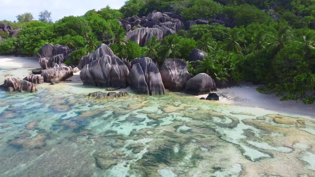 Aerial view of Anse Source d'Argent beach. La Digue, Seychelles