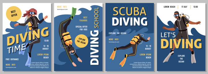 Divers cards. Cartoon men and women in scuba gear, deep sea explorers banner design, oxygen tanks, underwater masks and fins, extreme sport advertising flyers template, tidy vector set - obrazy, fototapety, plakaty