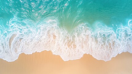 Fototapeta na wymiar Sand beach from above with light blue water wave and sun lights