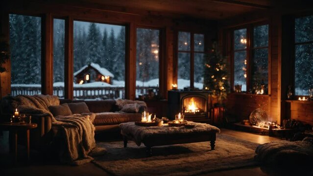 Idea of winter vacation, Propane Fire Pit, chimney place inside wooden cabin with window view to the snow fall, Idea of winter vacation, winter environment, extinguished  fire pits