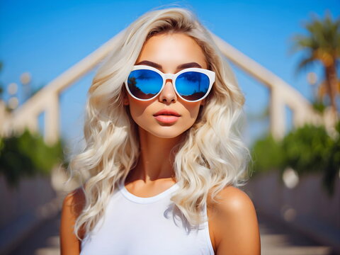beautiful girl fashion with sunglasses outdoor white generative AI
