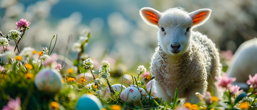 Funny easter concept holiday animal greeting card. Little lamb and easter eggs on green grass in sunny spring day
