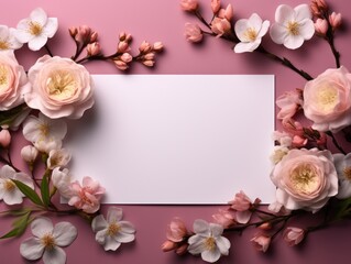 Naklejka na ściany i meble Banner with flowers on light pink background. Greeting card template for Wedding, mothers or womans day. Springtime composition with copy space. Flat lay style