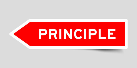 Red color arrow shape sticker label with word principle on gray background