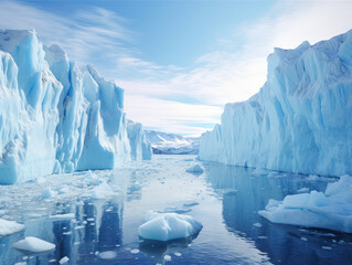 winter nature with blue ice shards and huge floating ice cliffs at the north pole