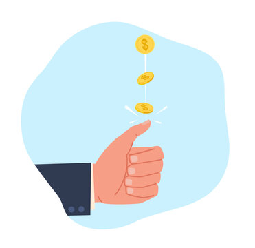 Hand flips coin to make random decision. Fortune and lucky symbol. Success chance. People arm gesture. Tossing golden dollar. Cartoon flat isolated vector business and financial concept