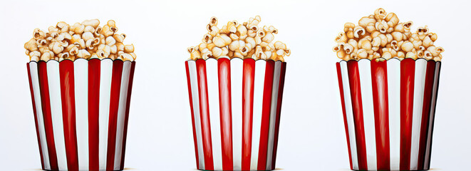 Three Red and White Striped Buckets Filled With Popcorn