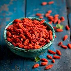 Goji Berry Crop in Bowl on Rustic Wooden Table


