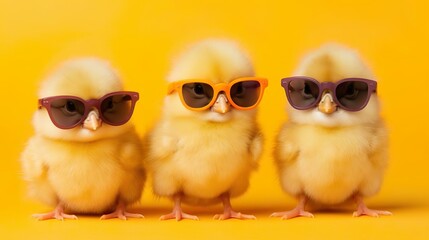 three lovely little baby chicks with oversized sunglasses on yellow background - obrazy, fototapety, plakaty